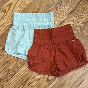 FP Movement by Free People White & Rust Smocked High-Rise Shorts